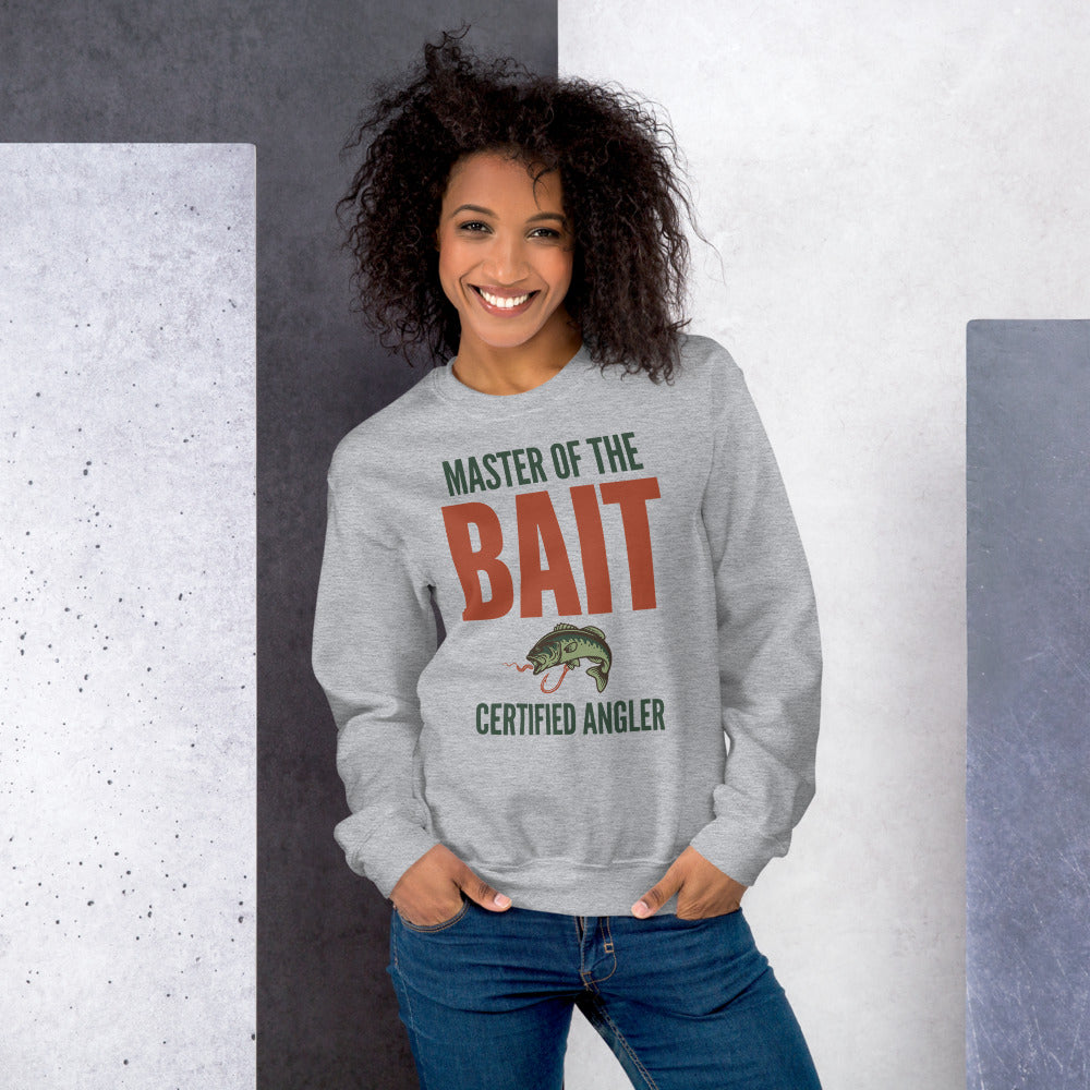 Model wearing Master of the Bait retro fishing humor crewneck sweatshirt — Sport Grey