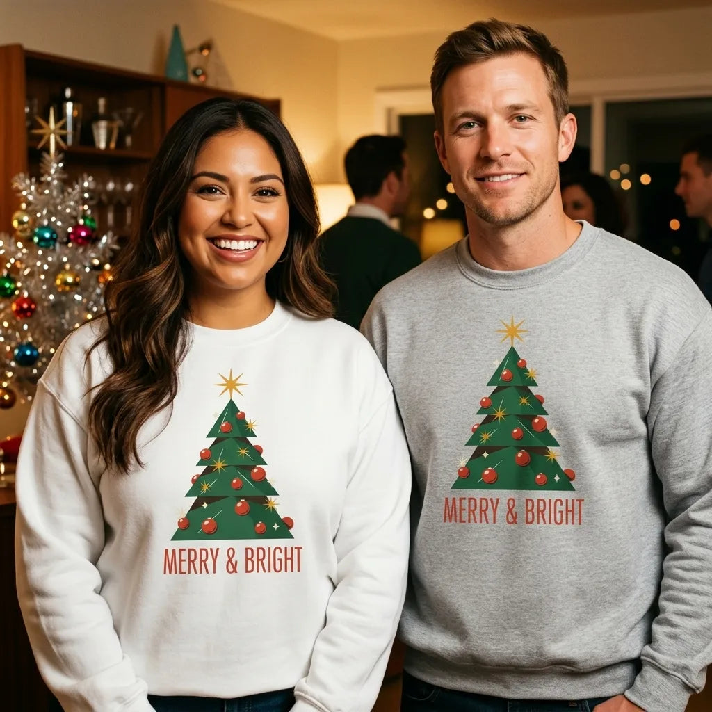 Atomic mid-century retro Christmas tree crewneck sweatshirt — lifestyle