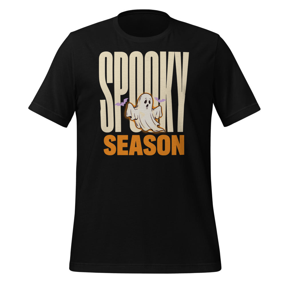 Spooky Season retro Halloween ghost typography tee — Black, front