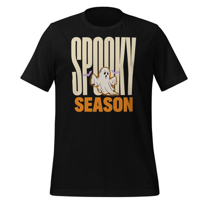 Spooky Season retro Halloween ghost typography tee — Black, front