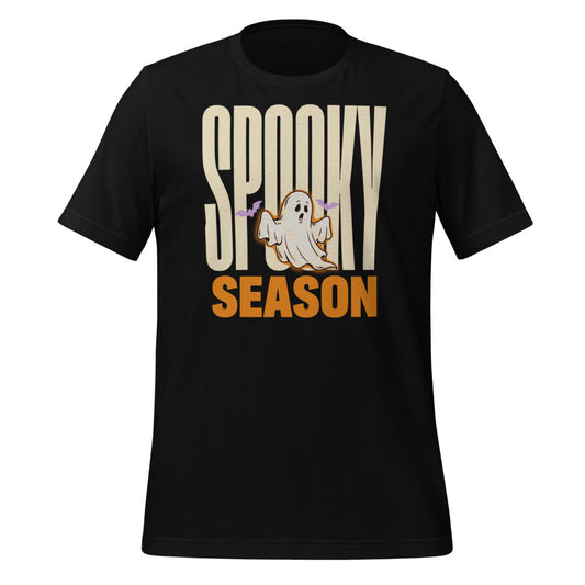 Spooky Season retro Halloween ghost typography tee — Black, front