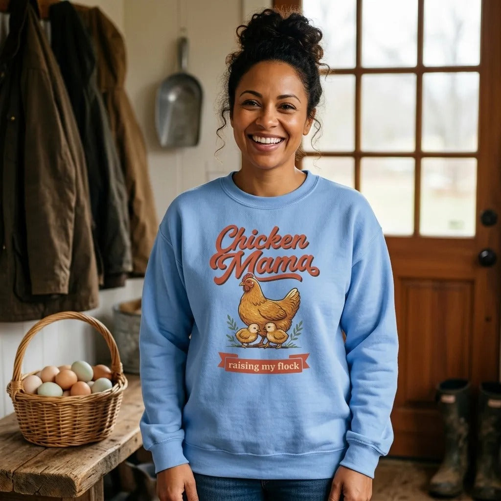 Chicken Mama raising my flock chicken keeper crewneck sweatshirt — lifestyle
