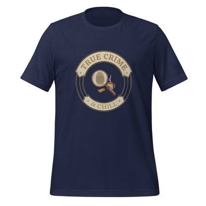 True Crime and Chill vintage case-file badge tee — Navy, front