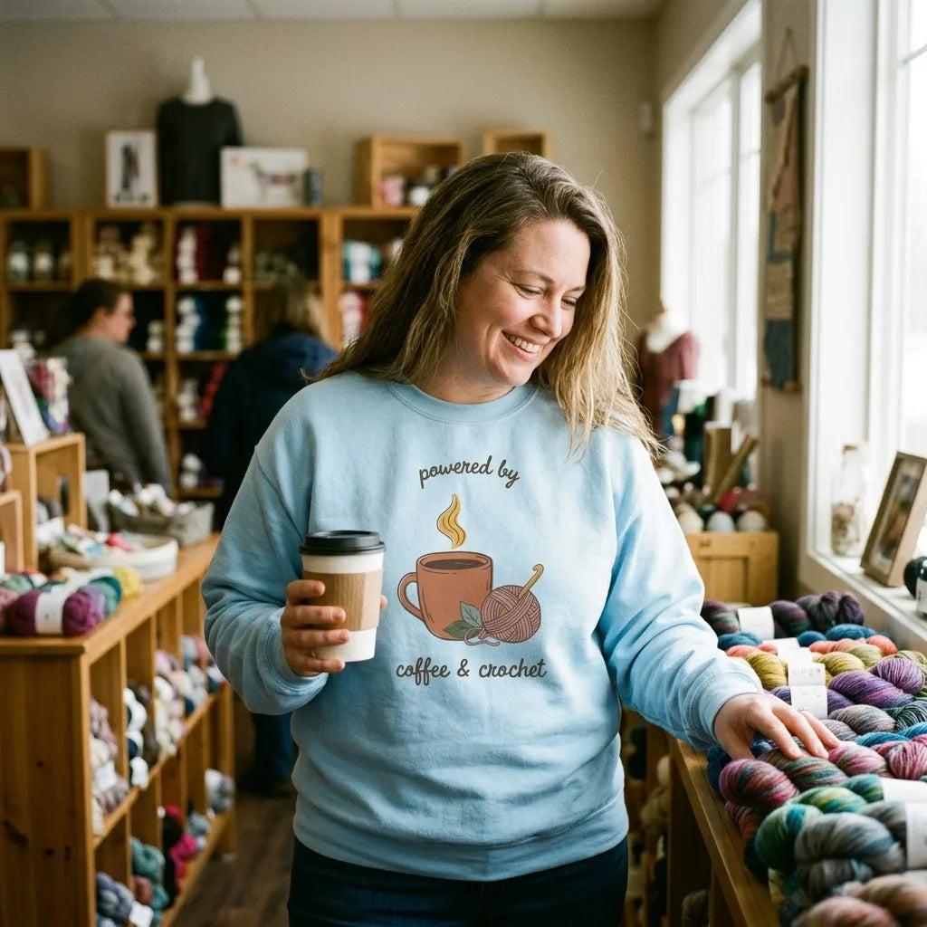 Powered by Coffee and Crochet cottagecore crochet crewneck sweatshirt — model browsing yarn in a shop in the Light Blue crewneck