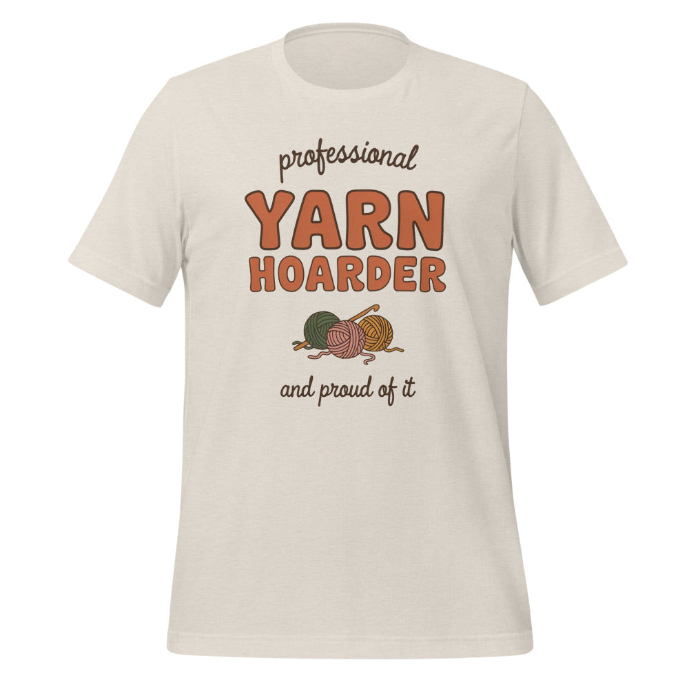 Professional Yarn Hoarder crochet cottagecore tee — Heather Dust, front