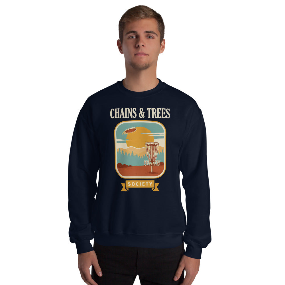 Chains & Trees Society disc golf retro landscape crewneck sweatshirt — Navy, on model