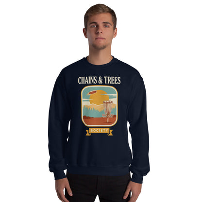 Chains & Trees Society disc golf retro landscape crewneck sweatshirt — Navy, on model