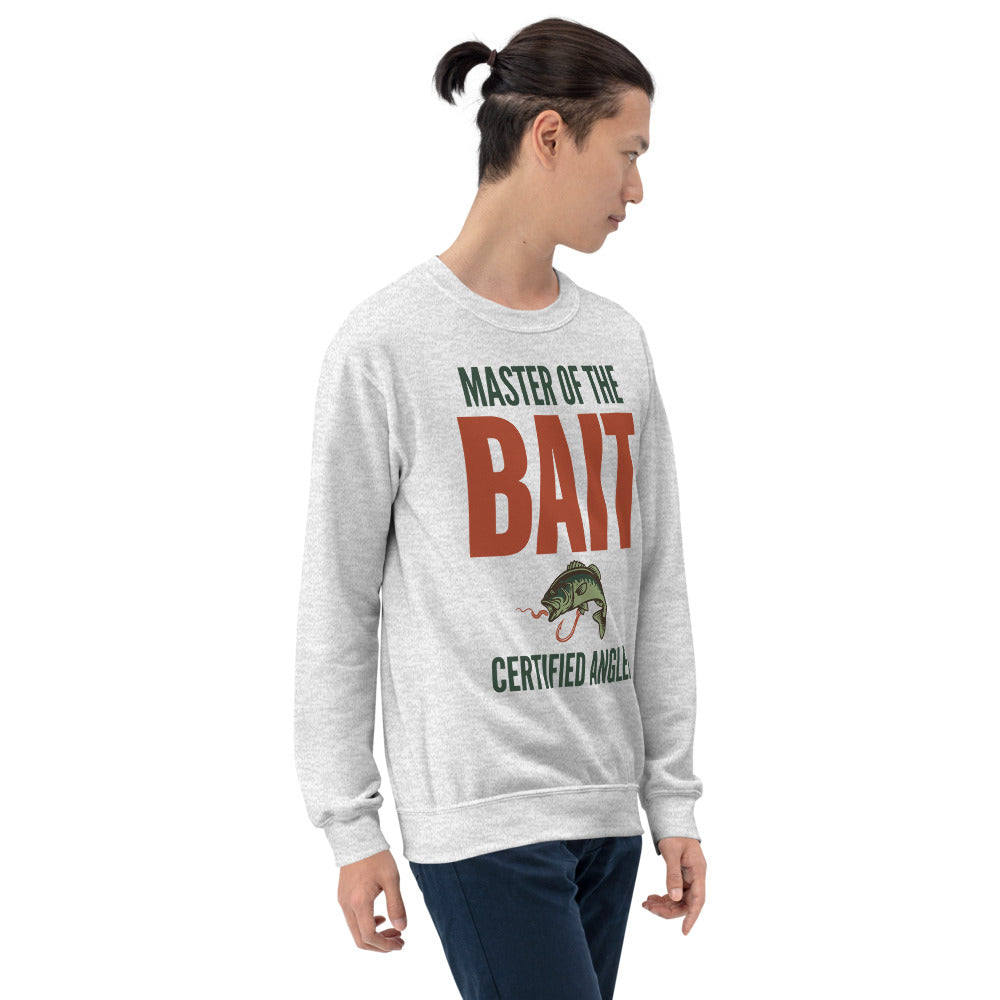 Model wearing Master of the Bait retro fishing humor crewneck sweatshirt — Ash