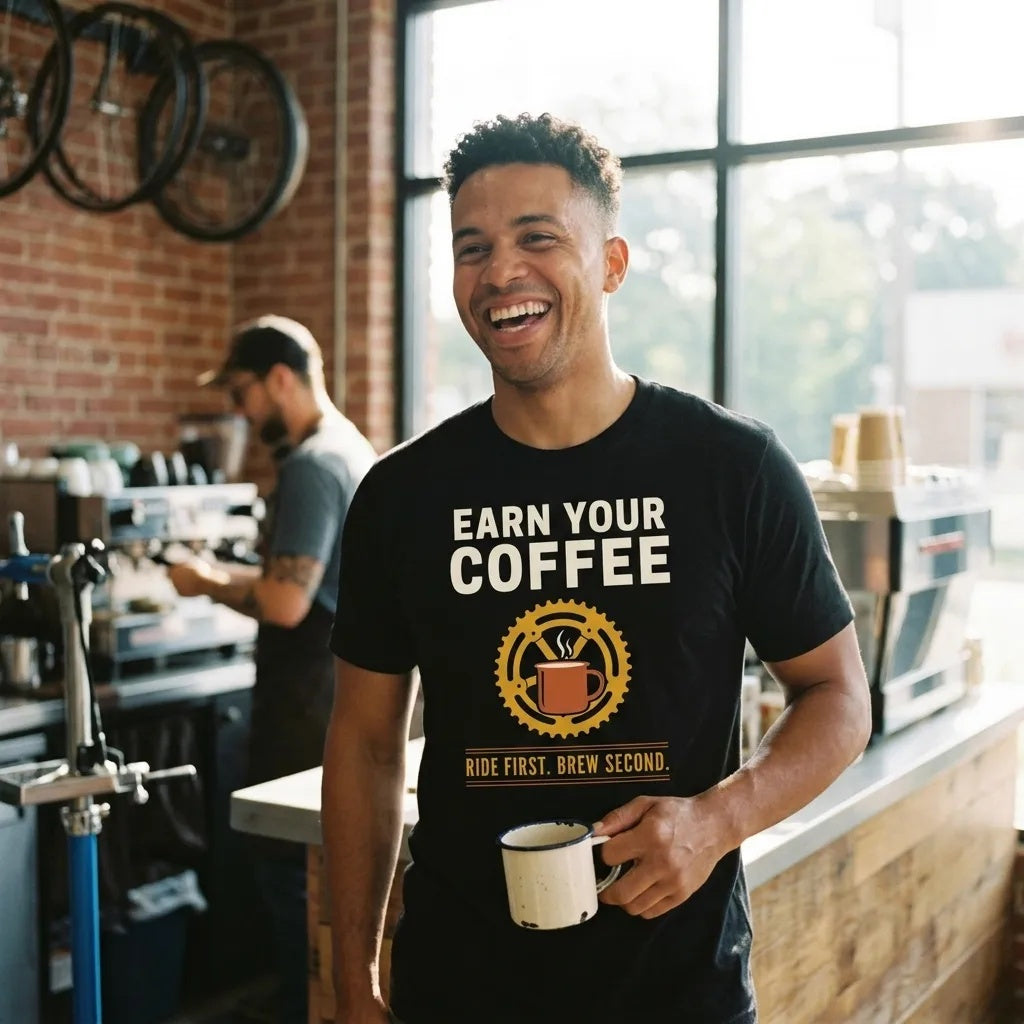 Earn Your Coffee retro cycling coffee t-shirt — lifestyle