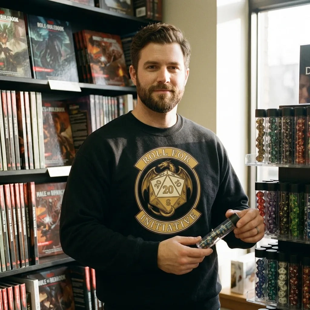 Roll For Initiative d20 dragon tabletop RPG crewneck sweatshirt — lifestyle