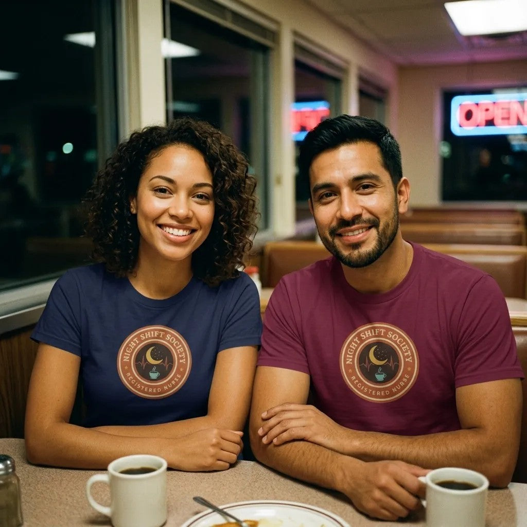 Night Shift Society retro registered nurse badge tee — lifestyle