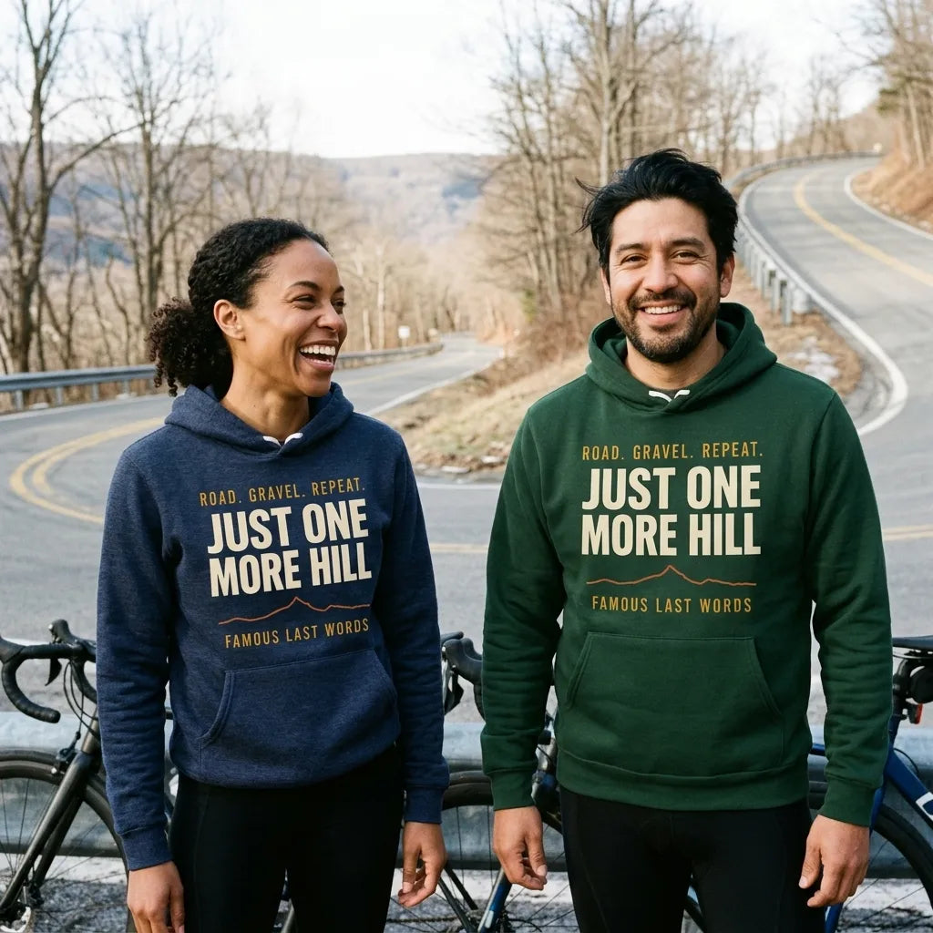 Just One More Hill retro cycling climb hoodie — lifestyle