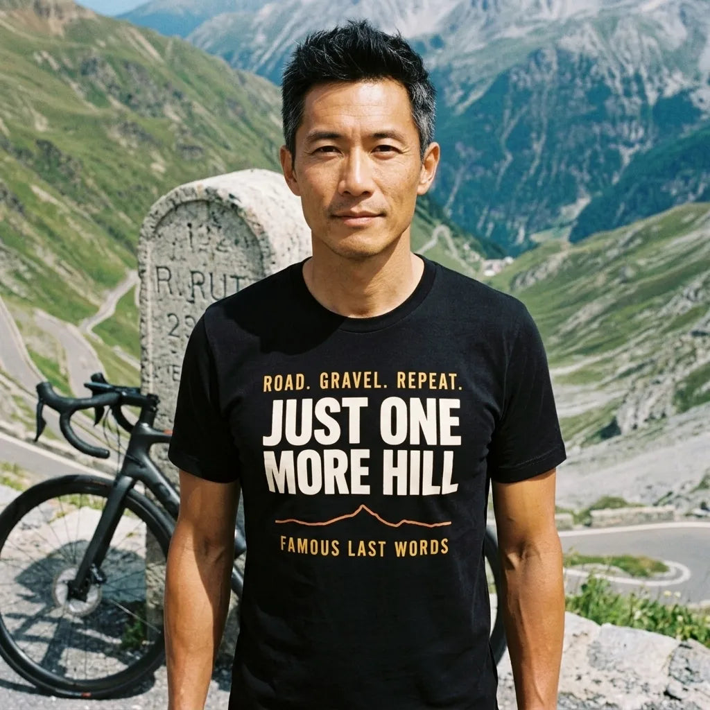 Just One More Hill retro cycling climb t-shirt — lifestyle