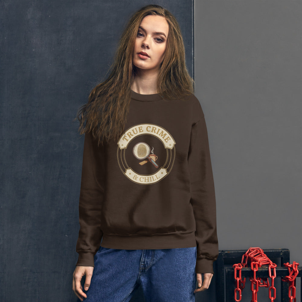 True Crime and Chill crewneck sweatshirt — Dark Chocolate, on model