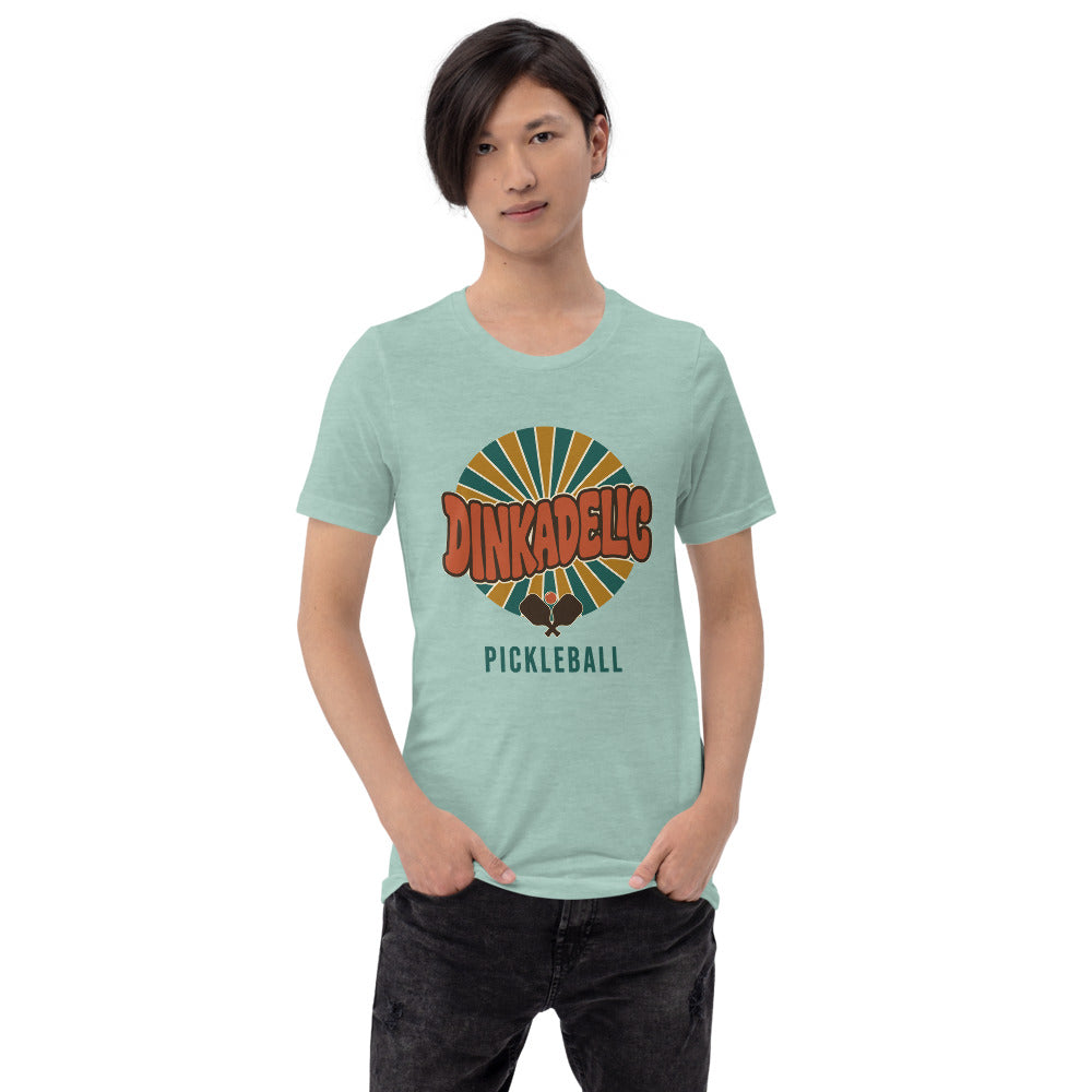 Dinkadelic retro 70s pickleball tee — Heather Prism Dusty Blue, on model