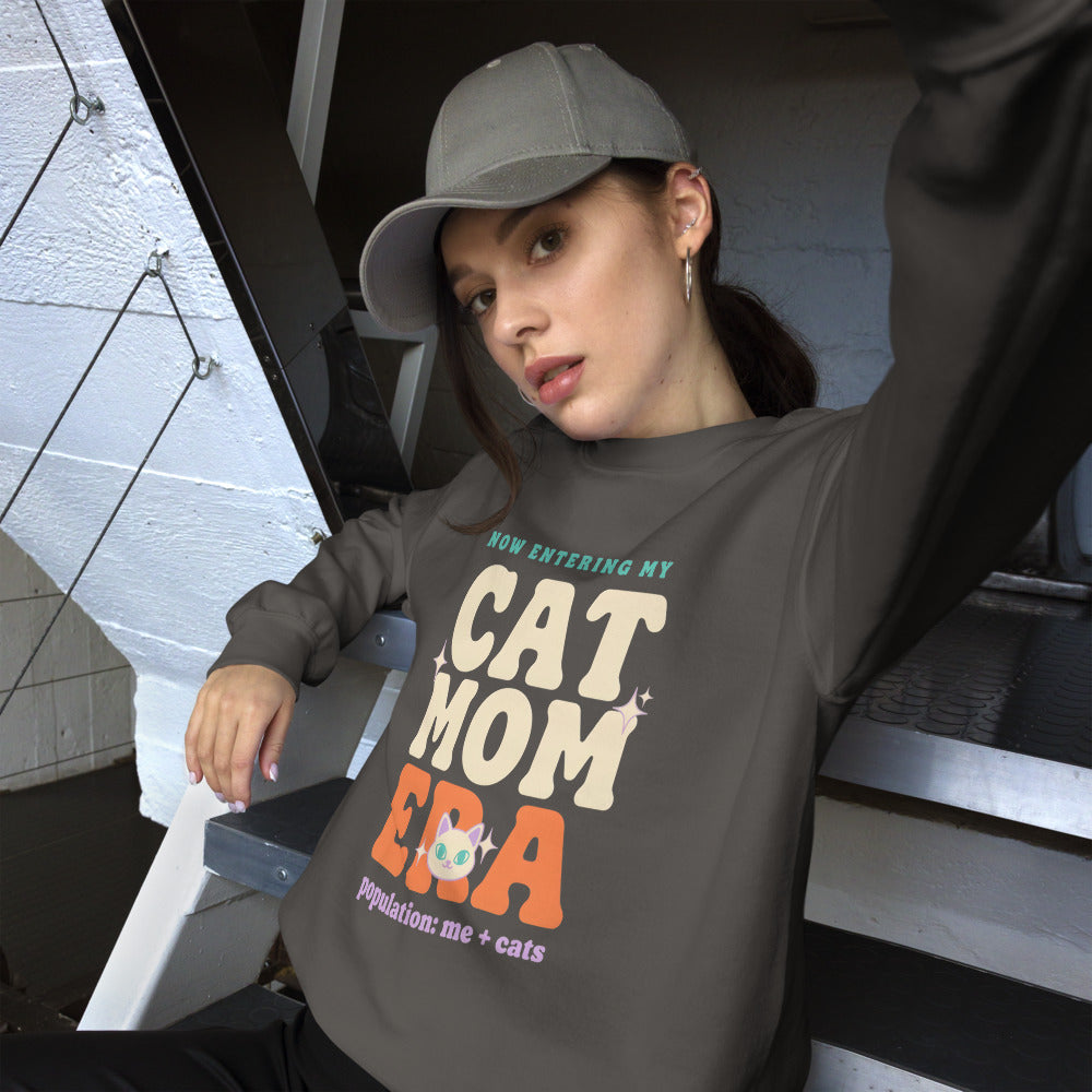 Model wearing the Cat Mom Era crewneck sweatshirt — Charcoal
