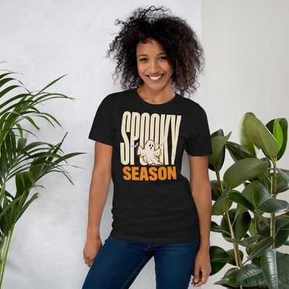 Spooky Season retro Halloween ghost typography tee — Black Heather, on model
