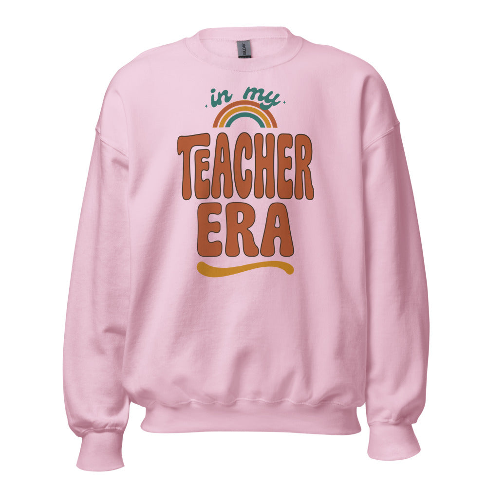 In My Teacher Era retro groovy teacher crewneck sweatshirt — Light Pink, front