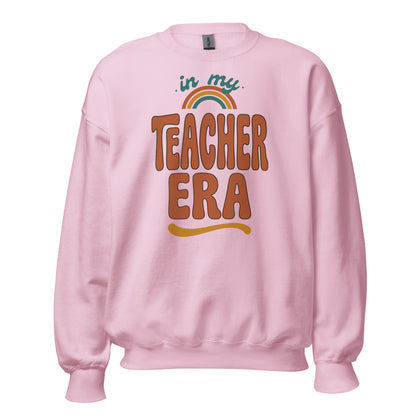In My Teacher Era retro groovy teacher crewneck sweatshirt — Light Pink, front
