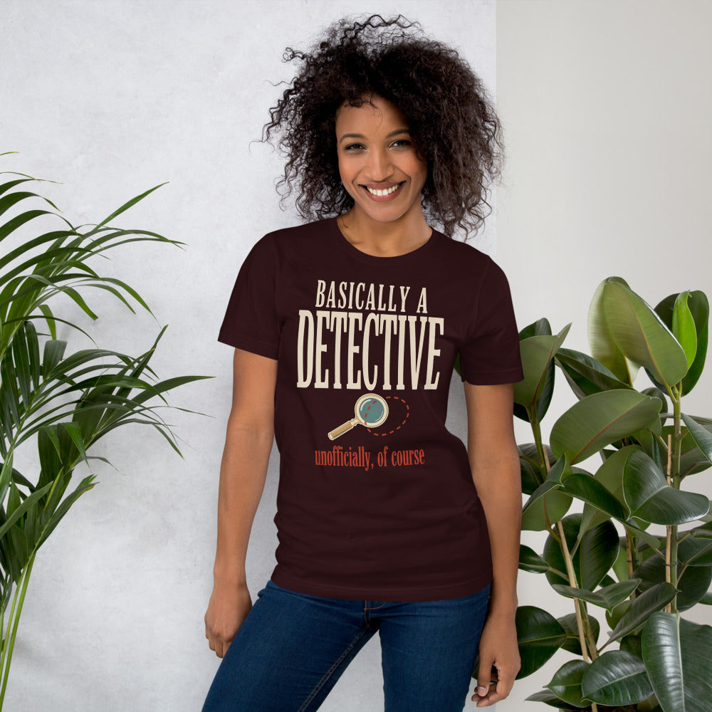 Basically a Detective vintage true crime tee — Oxblood Black, on model