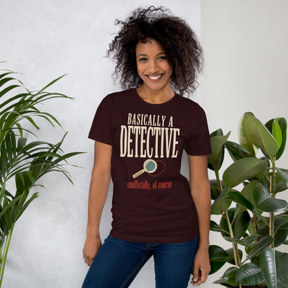 Basically a Detective vintage true crime tee — Oxblood Black, on model