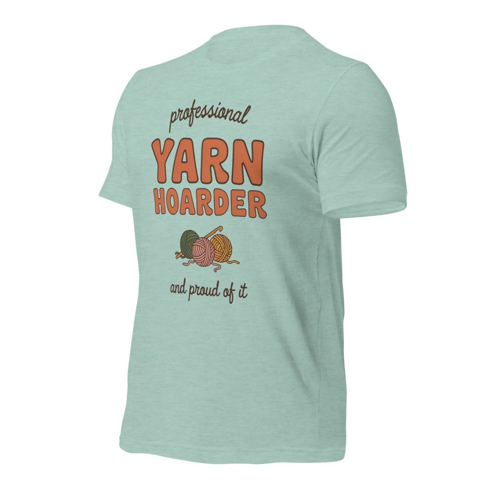 Professional Yarn Hoarder crochet cottagecore tee — Heather Prism Dusty Blue, front right