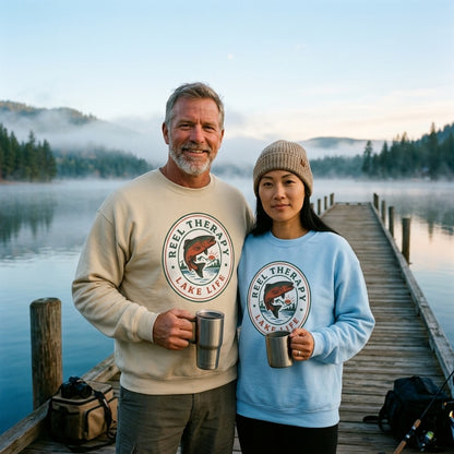 Reel Therapy retro national-park trout badge fishing crewneck sweatshirt — lifestyle