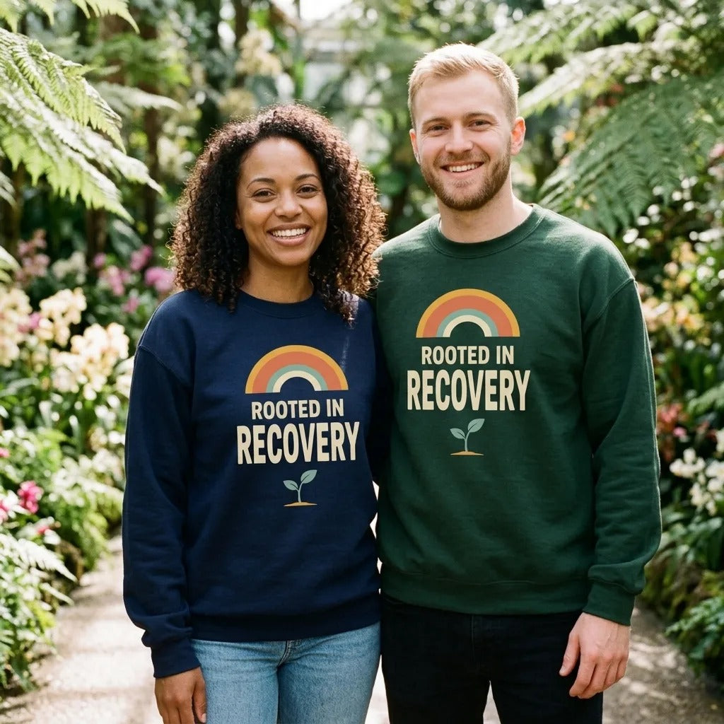 Rooted in Recovery retro rainbow crewneck sweatshirt — lifestyle