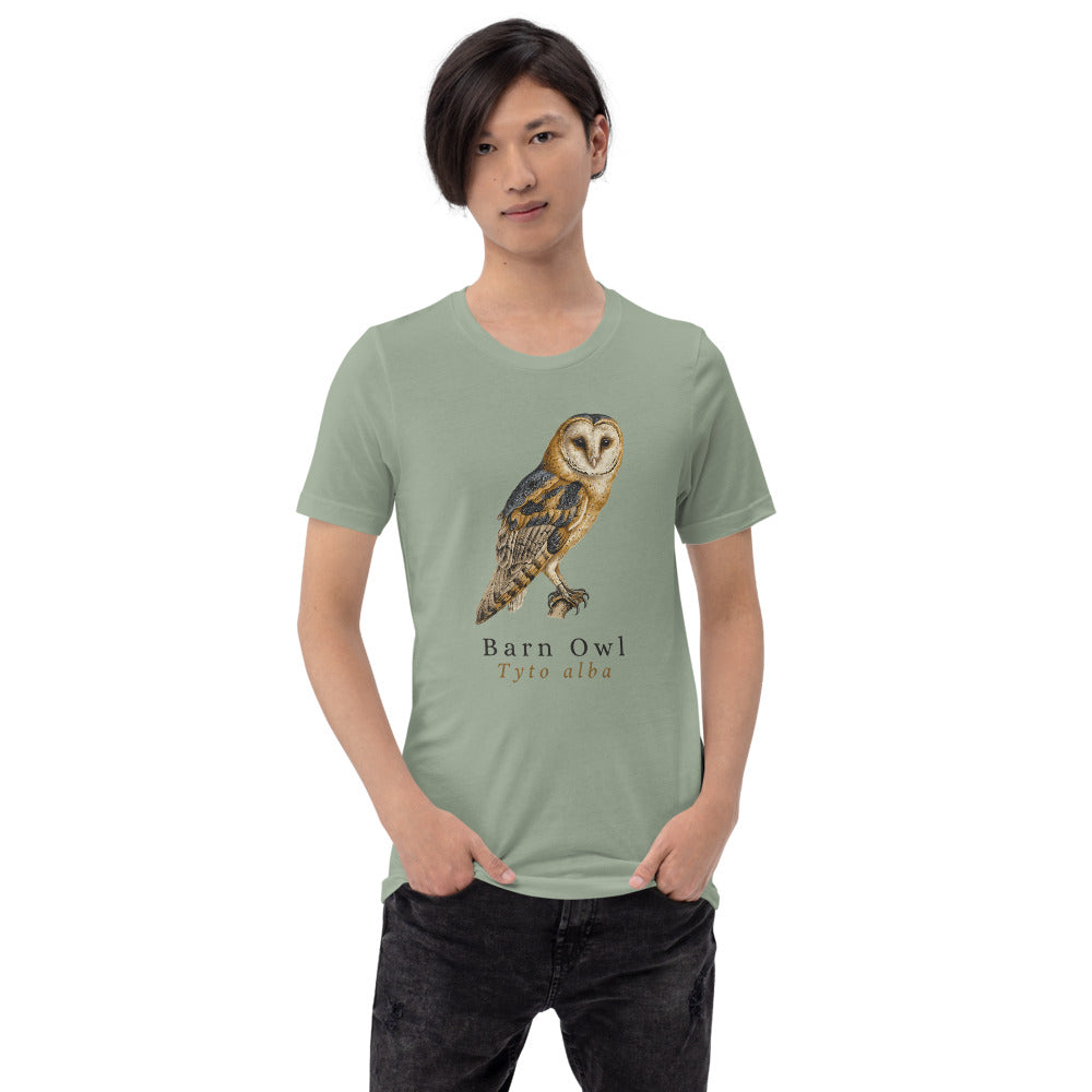 Barn Owl vintage field-guide tee — Sage, on model