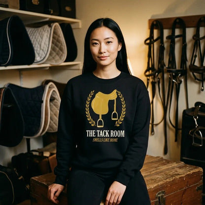 The Tack Room engraved equestrian saddle crest crewneck sweatshirt — lifestyle