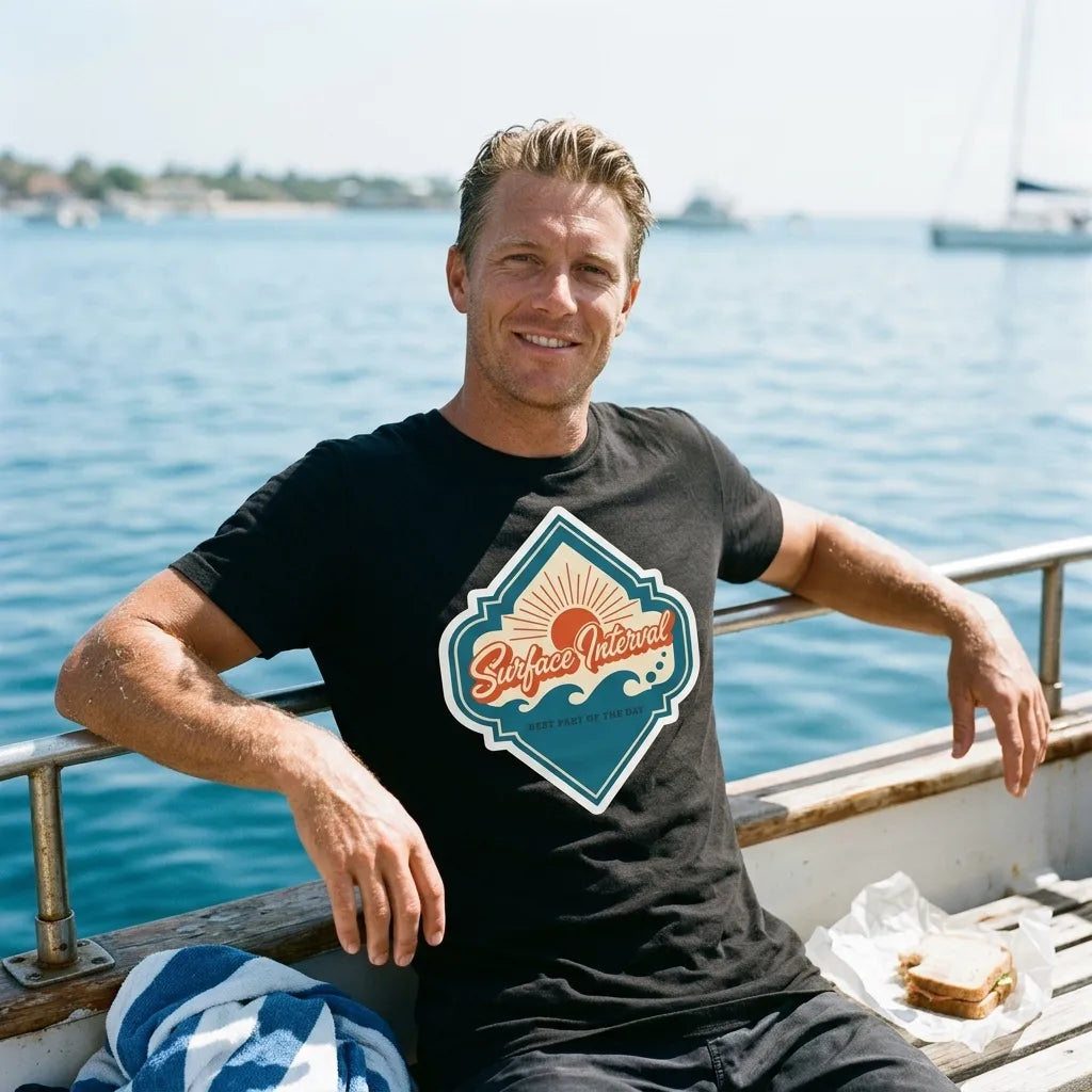 Surface Interval vintage scuba diving travel decal t-shirt — lifestyle