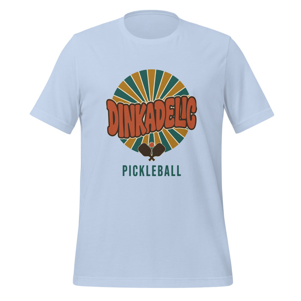Dinkadelic retro 70s pickleball tee — Baby Blue, front