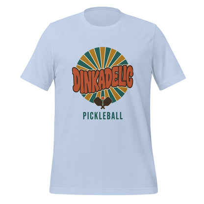 Dinkadelic retro 70s pickleball tee — Baby Blue, front