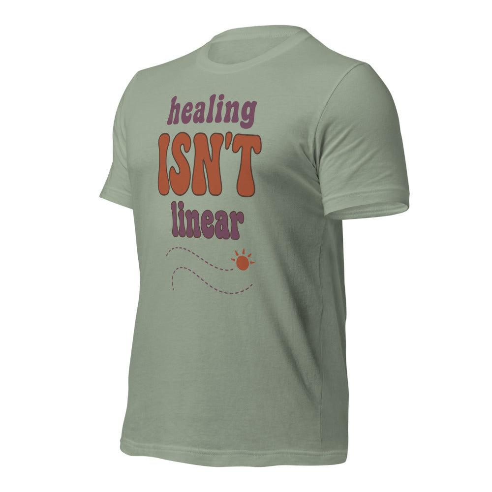 Healing Isn't Linear soft retro mental health tee — Sage, front right