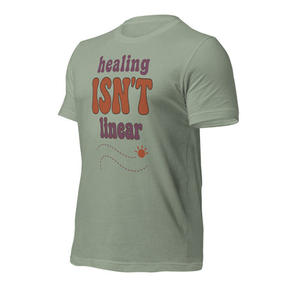 Healing Isn't Linear soft retro mental health tee — Sage, front right