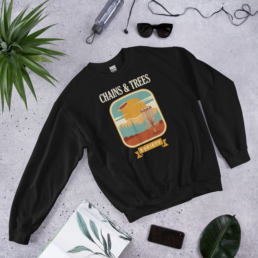 Chains & Trees Society disc golf retro landscape crewneck sweatshirt — Black, front-right