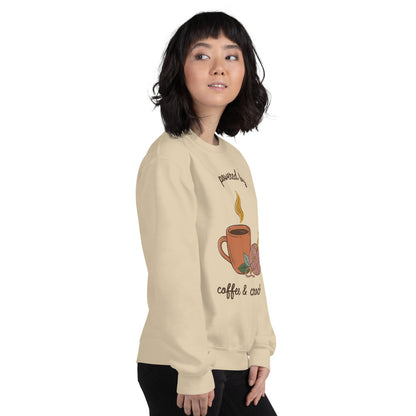 Powered by Coffee and Crochet cottagecore crochet crewneck sweatshirt — Sand, on model