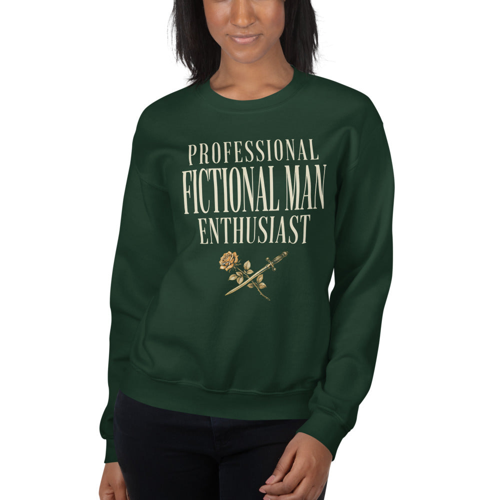 Professional Fictional Man Enthusiast book lover dark academia crewneck sweatshirt — Forest Green, worn by model