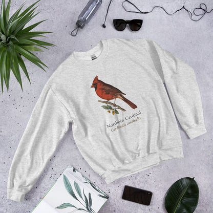 Northern Cardinal vintage field-guide crewneck sweatshirt — Ash, front flat-lay