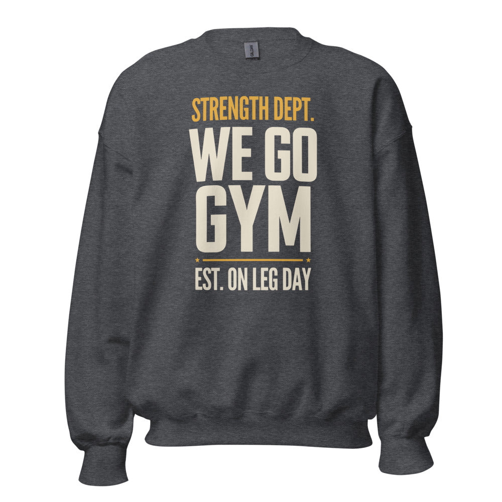 We Go Gym vintage athletic crewneck — Dark Heather, front