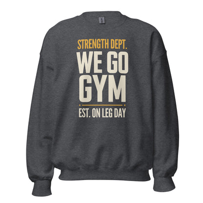 We Go Gym vintage athletic crewneck — Dark Heather, front