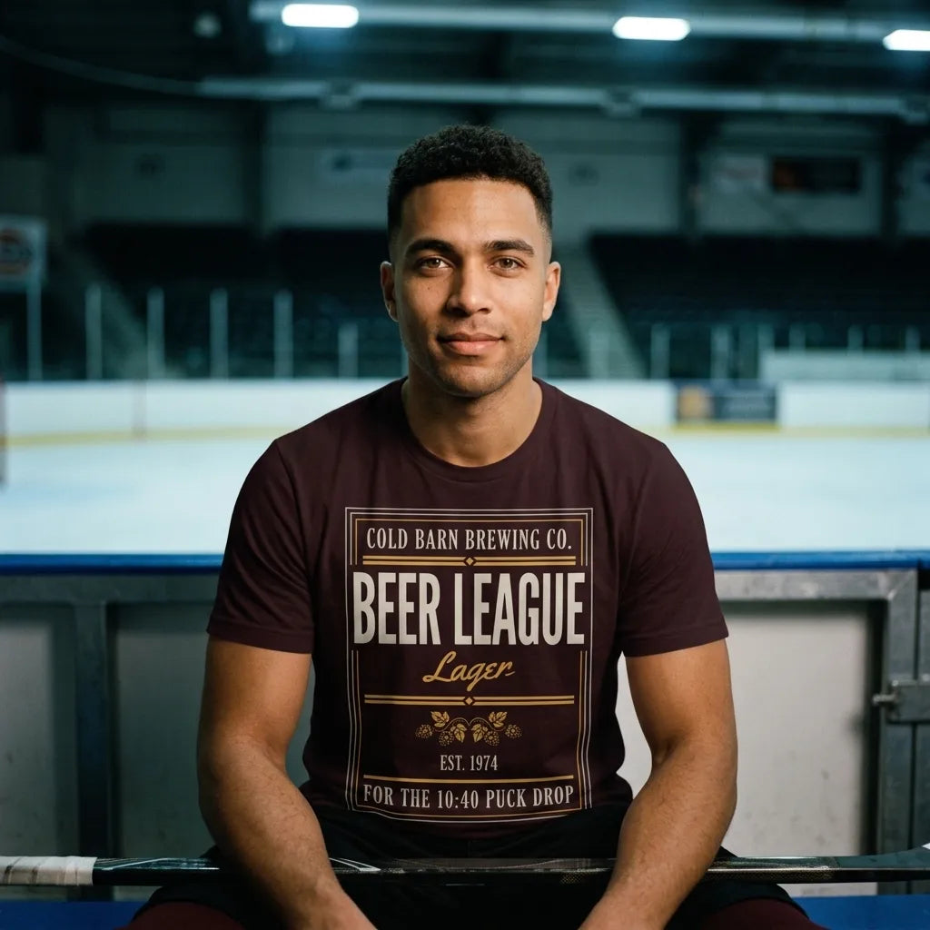 Beer League Cold Barn Brewing lager t-shirt — lifestyle