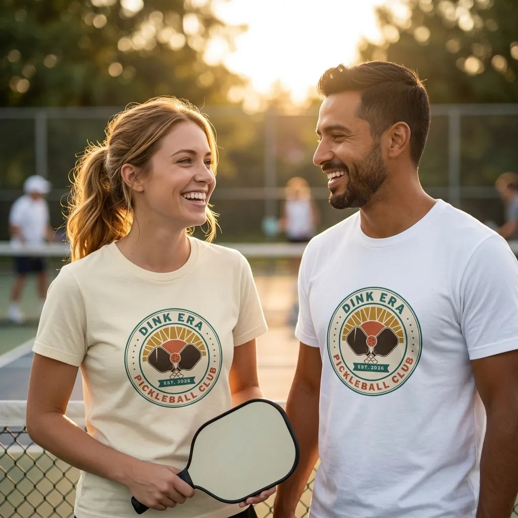 Dink Era Pickleball Club tee on a couple — woman in Natural, man in White — courtside golden-hour