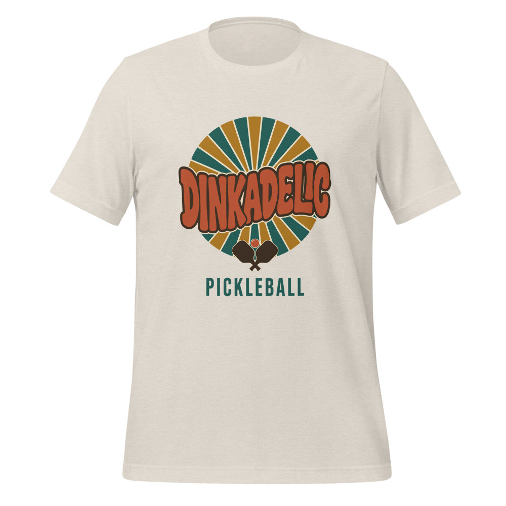 Dinkadelic retro 70s pickleball tee — Heather Dust, front