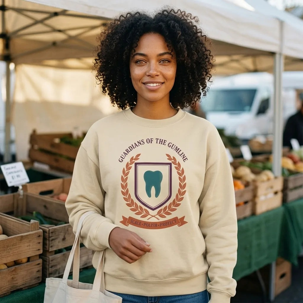 Guardians of the Gumline dental hygienist crewneck sweatshirt — lifestyle