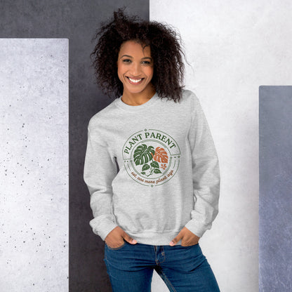 Plant Parent retro botanical badge crewneck sweatshirt — Ash, worn by model