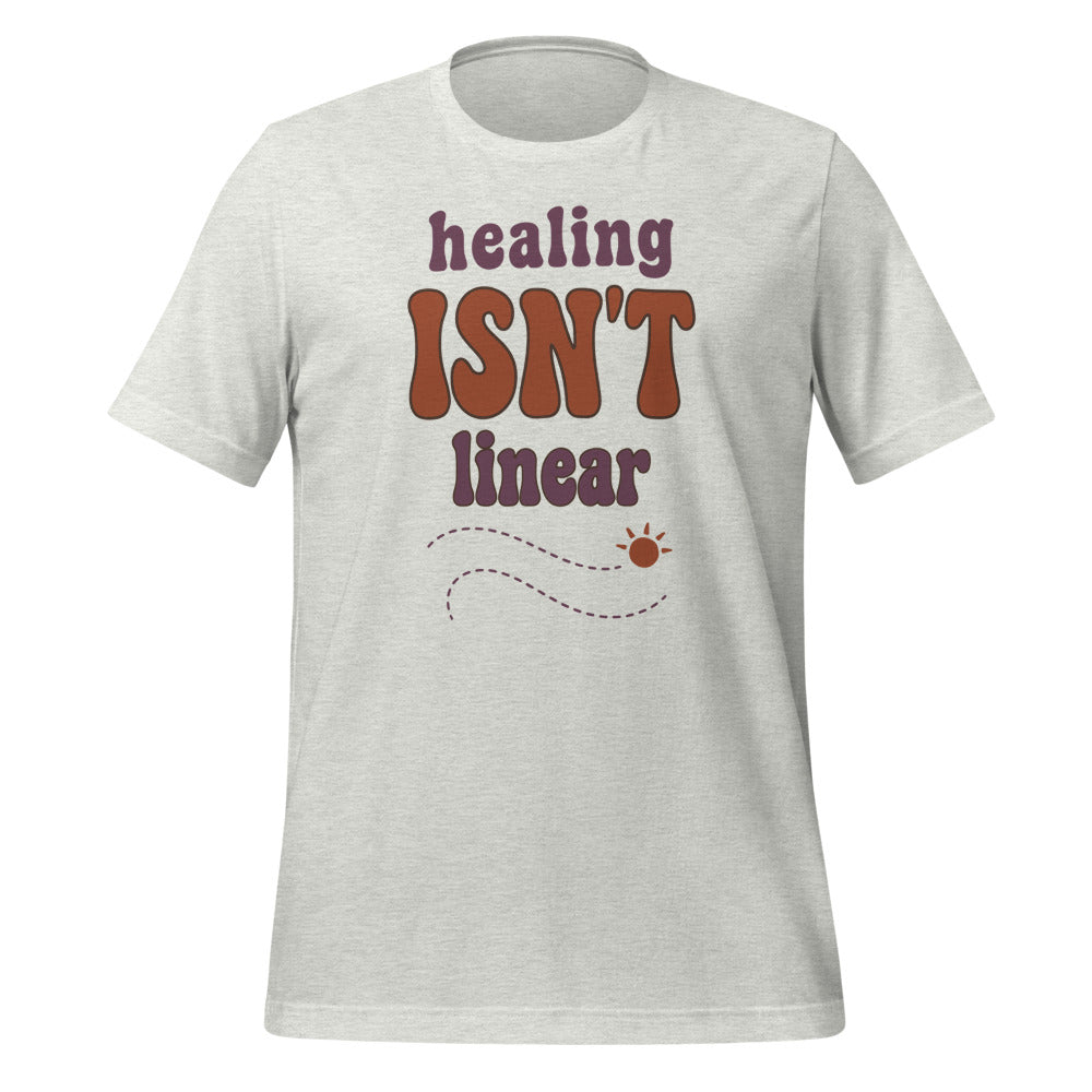 Healing Isn't Linear soft retro mental health tee — Ash, front