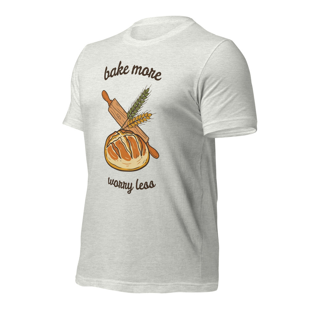 Bake More Worry Less retro kitchen sourdough tee — Ash, front right
