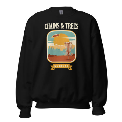 Chains & Trees Society disc golf retro landscape crewneck sweatshirt — Black, front