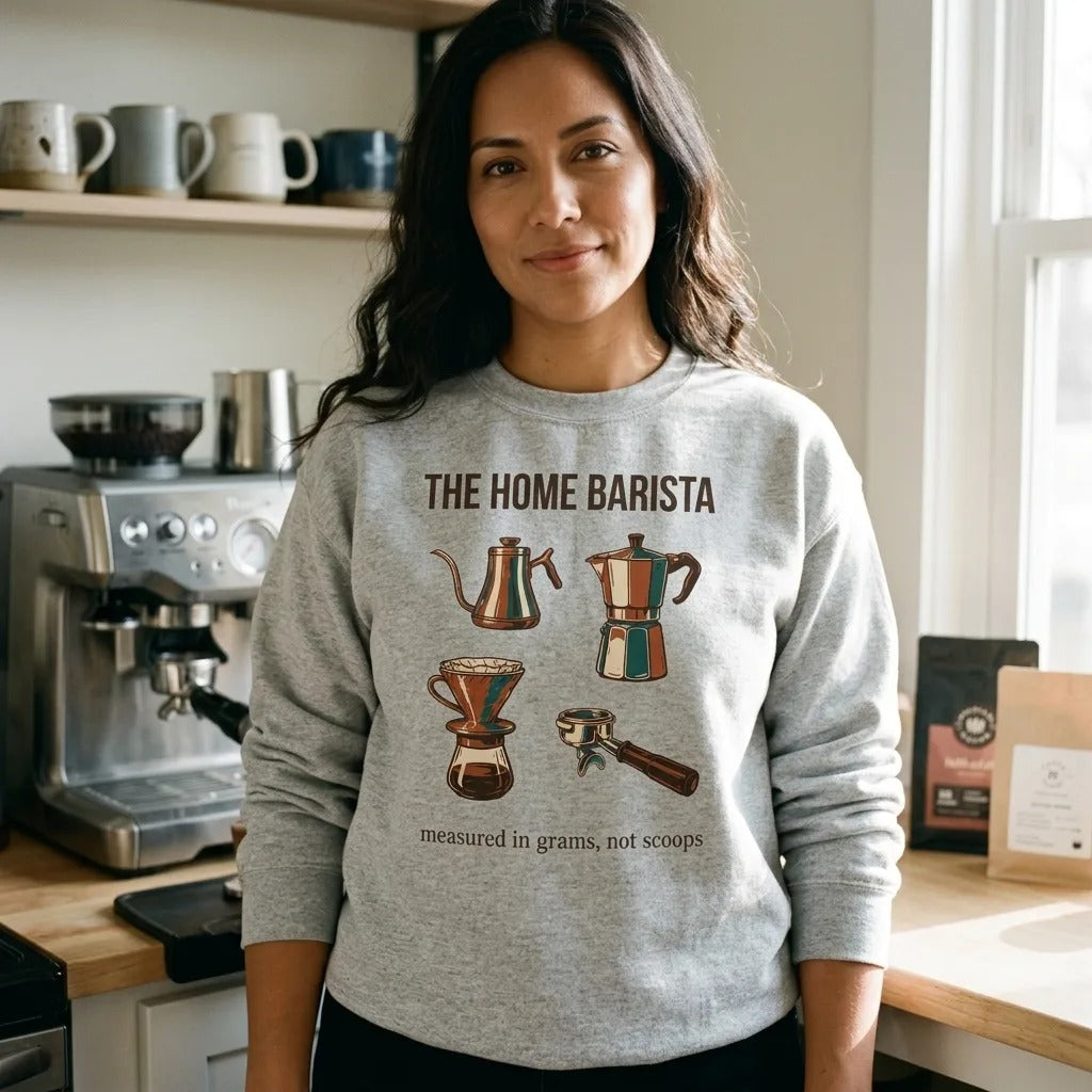 The Home Barista specialty coffee crewneck sweatshirt — lifestyle